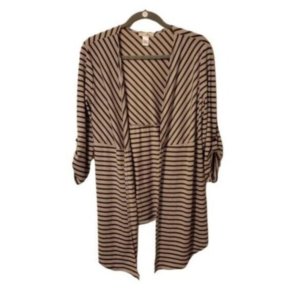 Fave Womens Sz L Gray  Striped 3/4 Sleeve Cardigan